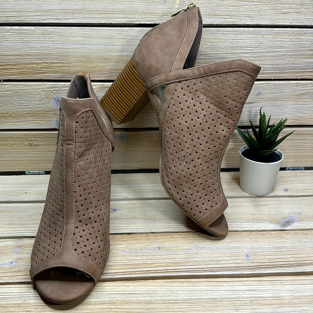 A.N.A Tiana Taupe Perforated Laser Cut Ankle Open Toe Bootie Block Heel 10 M